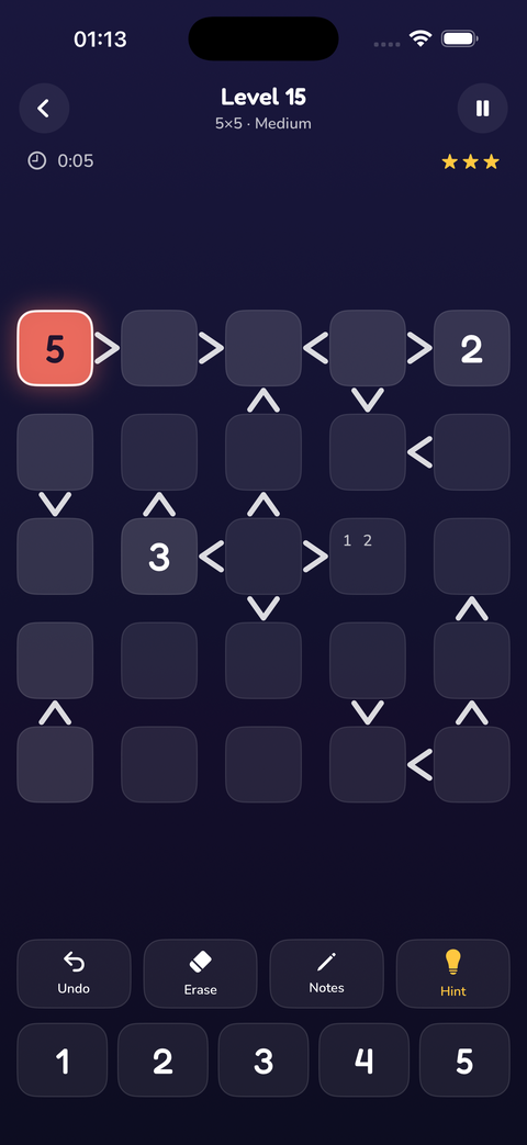 A 5×5 Futoshiki puzzle board with inequality signs
