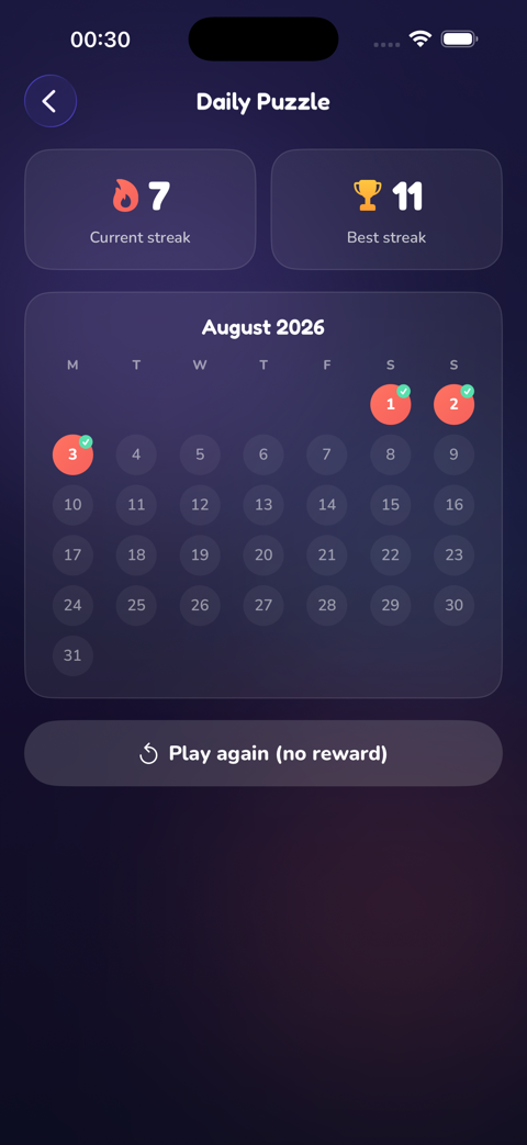 Daily Puzzle screen with a current streak of 7, a best streak of 11 and a month calendar of solved days