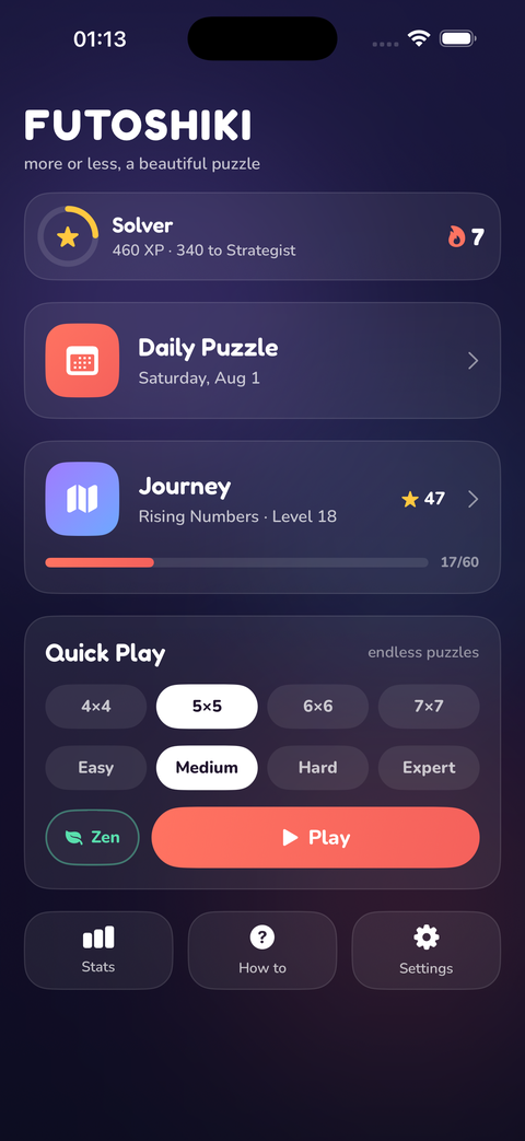 Futoshiki home screen with daily puzzle, journey and quick play