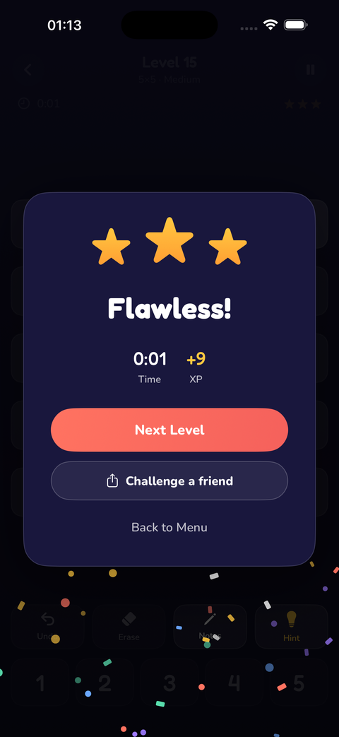 Win screen with three stars and confetti
