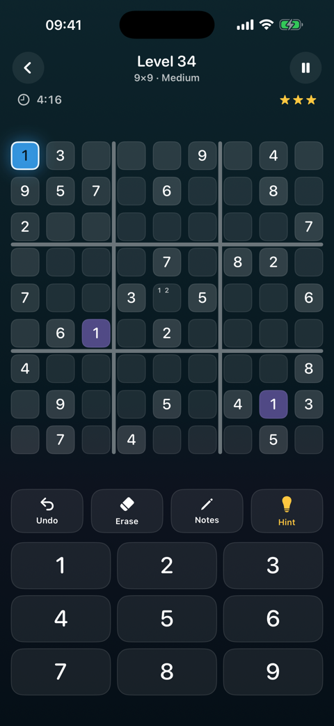 A 9×9 medium puzzle part-solved at level 34, with pencil notes and the undo, erase, notes and hint controls
