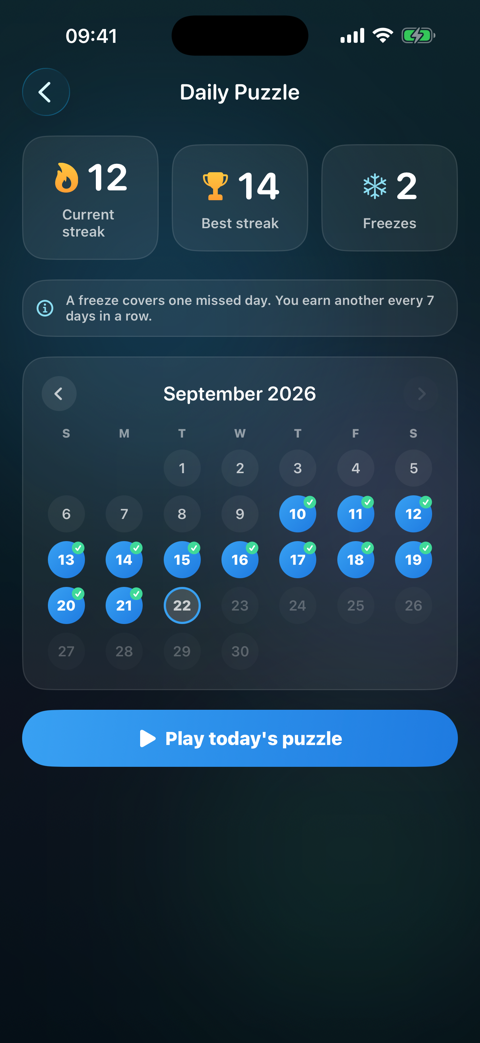 Daily Puzzle screen with a 12-day streak, a best streak of 14, two freezes and a September calendar of solved days