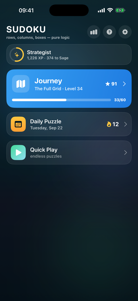 Sudoku home screen: a Strategist rank with 1,226 XP, the Journey at The Full Grid level 34, a daily puzzle on a 12-day streak, and quick play
