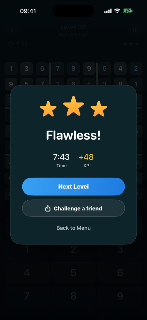 The win card reading Flawless with three stars, a time of 7:43 and 48 XP earned