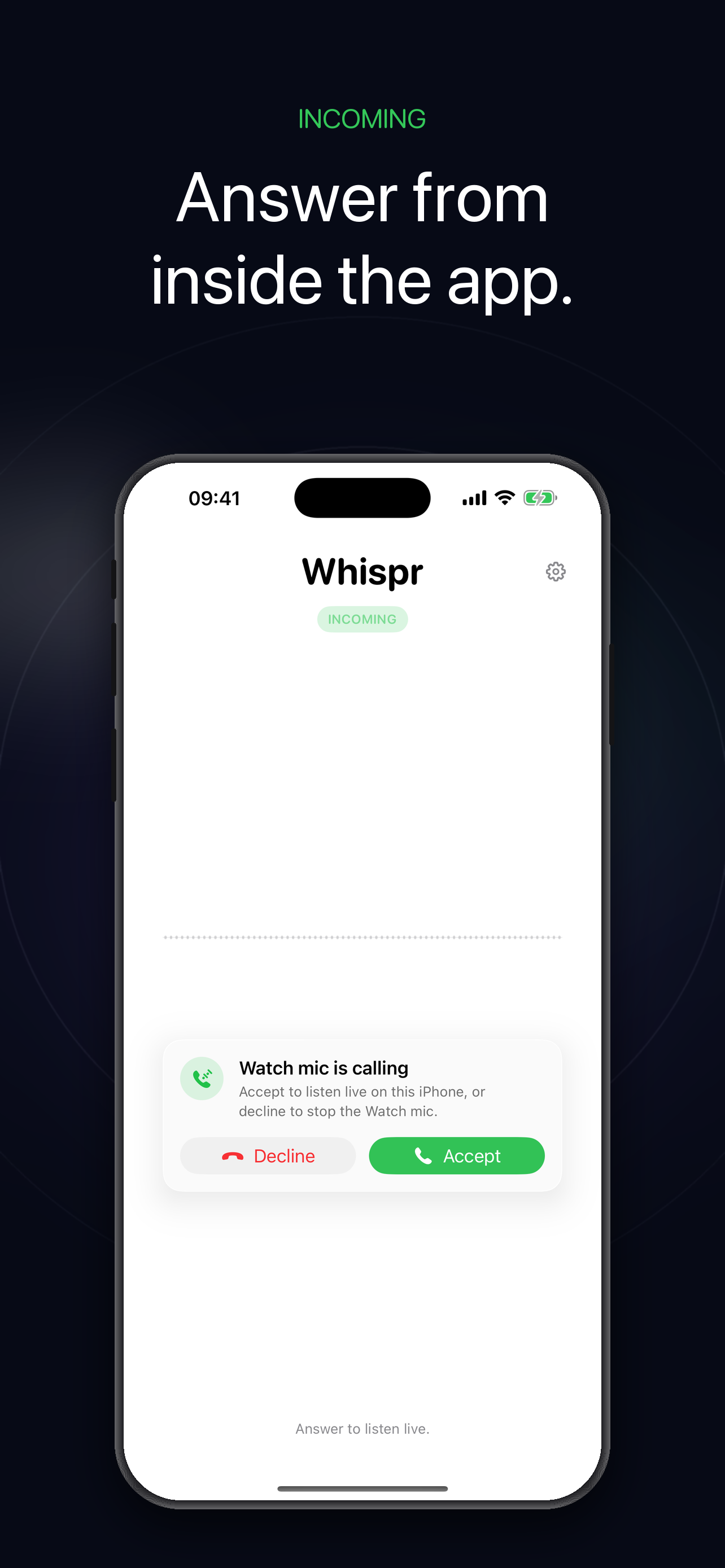 Whispr App Store preview showing the in-app accept and decline controls.