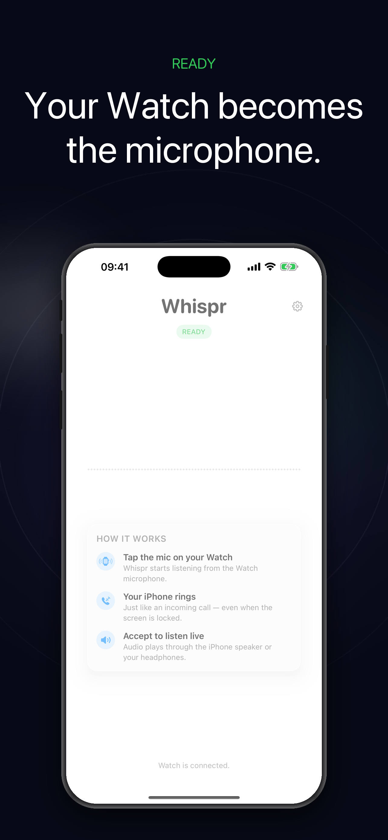 Whispr App Store preview showing the ready state.