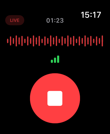 Whispr Apple Watch live microphone screen.